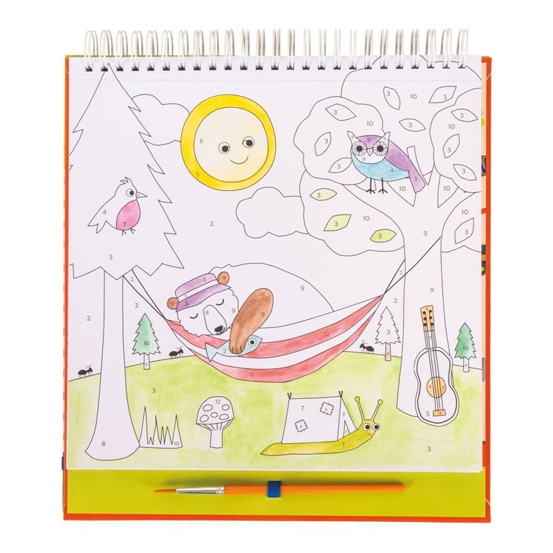 Paint by numbers kids book, spiral bound with hard cover. Comes with paint brush, 10 paint palettes and 10 fun adventure themed images for your budding artist to paint.