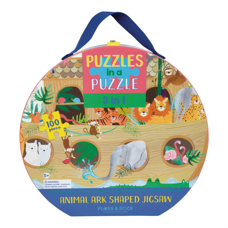 A colorful 100 piece puzzle in an animal ark shape, with various animals like giraffes and crocodiles, packaged in a high-quality attaché case with a brightly colored handle.