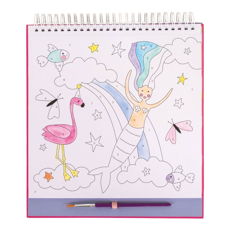 Paint by numbers kids book, spiral bound with hard cover. Comes with paint brush, 10 paint palettes and 10 fun fantasy themed images for your budding artist to paint.