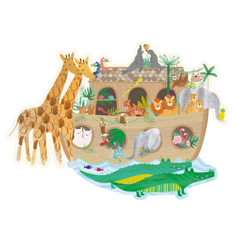 Fully assembled animal ark kids jigsaw puzzle, featuring an ark filled with various creatures of the animal kingdom, as well as giraffes and crocodiles.