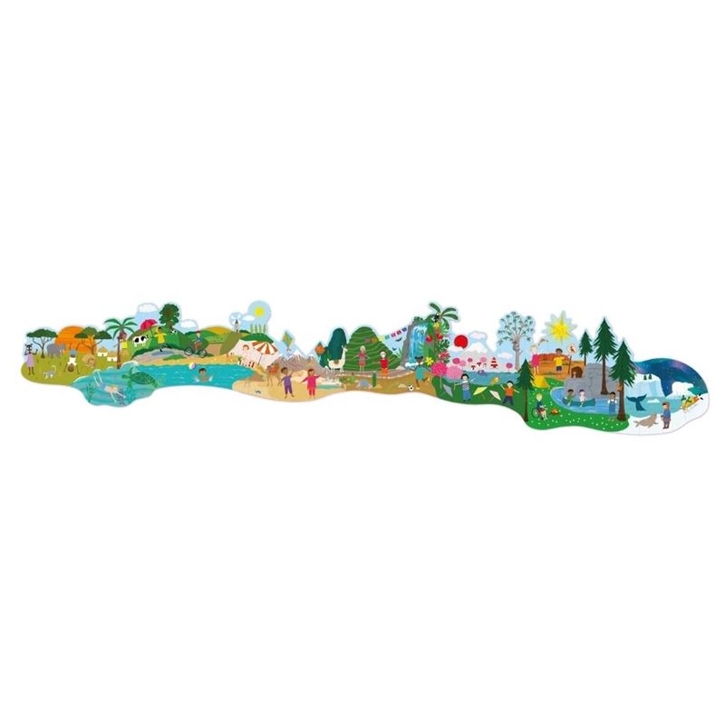 Fully assembled colourful one world themed, giant, 60 piece floor puzzle for kids. Featuring scenes of different cultures, climates, people and animals from around the world.