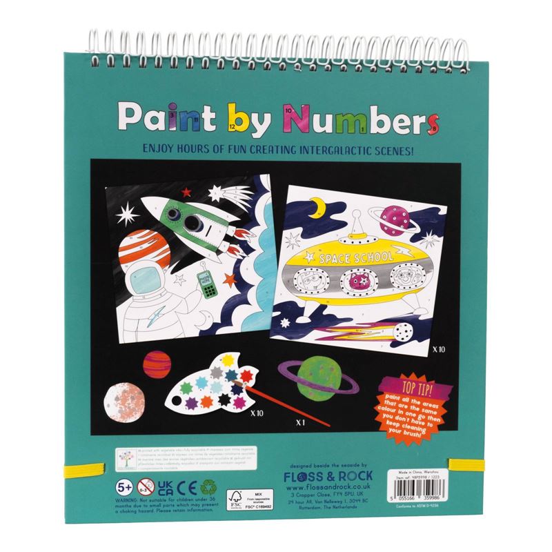 Paint by numbers kids book, spiral bound with hard cover. Comes with paint brush, 10 paint palettes and 10 fun space themed images for your budding artist to paint.