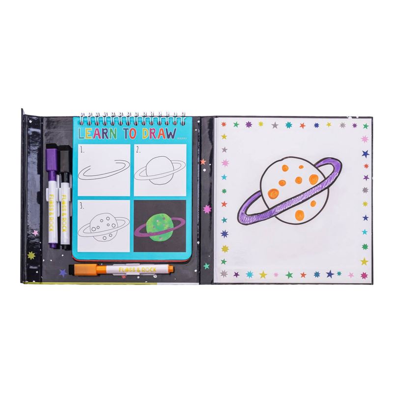 Learn to draw kids colouring book, spiral bound with hard cover. Comes with dry wipe pens and 8 fun step by step pictures to help your budding artist learn to draw fun space themed images.