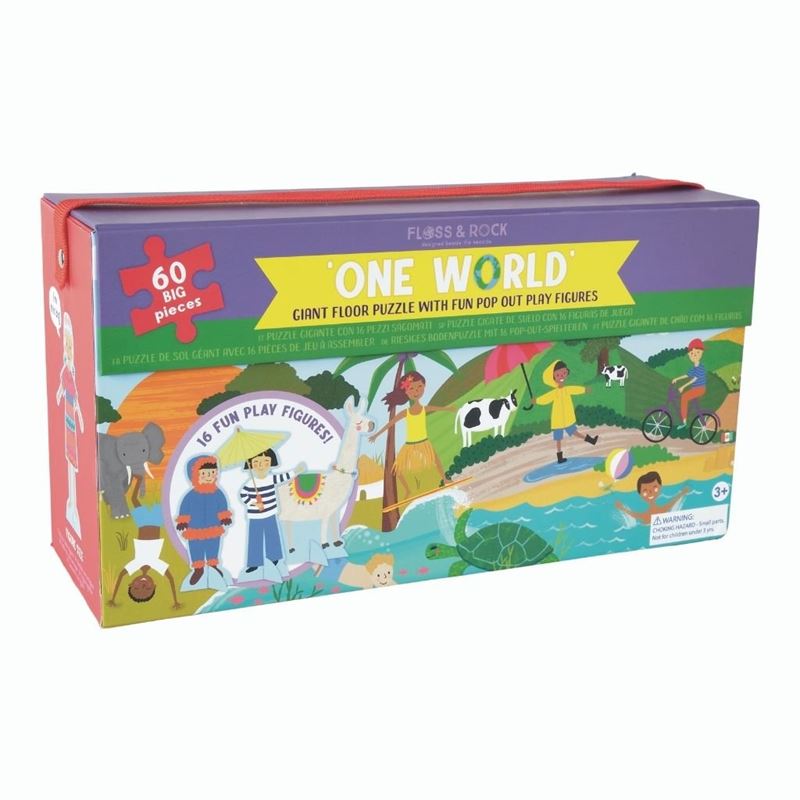 One world themed 60 piece giant floor puzzle with pop out and play figurines, packaged in a sturdy reusable carry case with red handle.