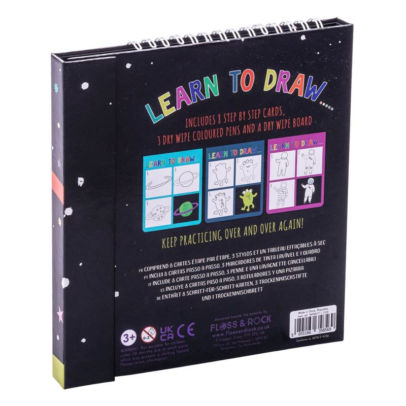 Learn to draw kids colouring book, spiral bound with hard cover. Comes with dry wipe pens and 8 fun step by step pictures to help your budding artist learn to draw fun space themed images.