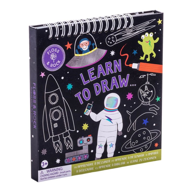 Learn to draw kids colouring book, spiral bound with hard cover. Comes with dry wipe pens and 8 fun step by step pictures to help your budding artist learn to draw fun space themed images.