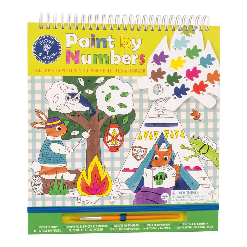 A paint by numbers book with 10 fun illustrated scenes including animals and camping activities, with numbered sections for painting. Includes 10 paint palettes and brush.