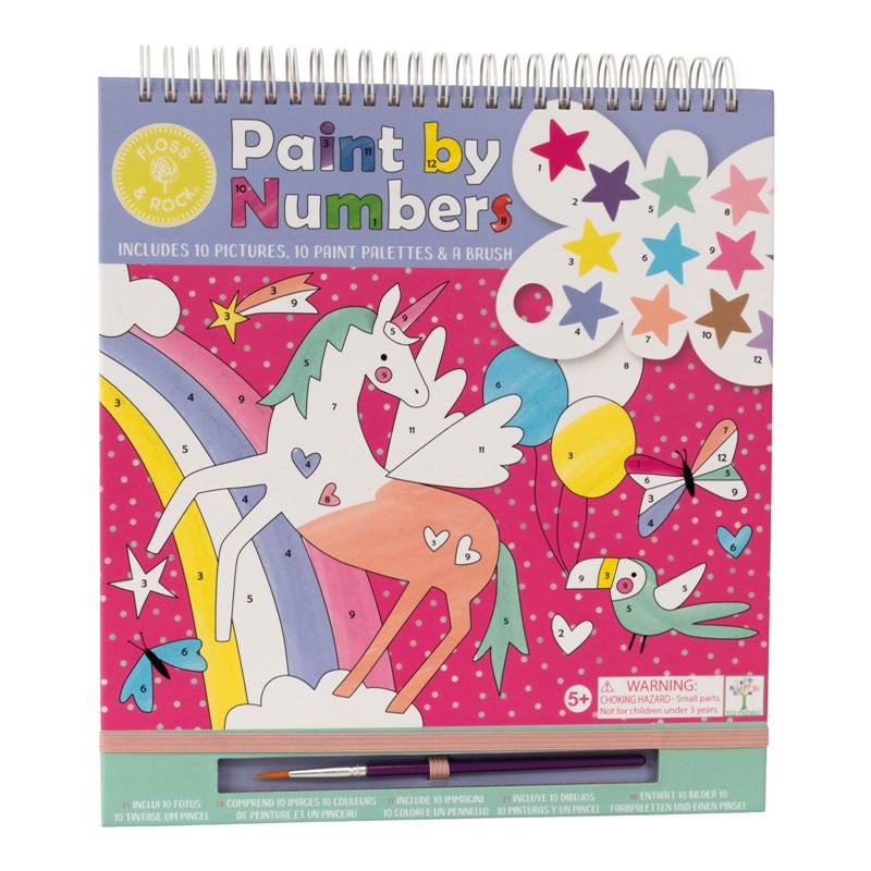 A colorful 'Paint by Numbers' book with 10 fun fantasy images, featuring a unicorn and various other fantasy creatures in a spiral-bound hardcover book with a paintbrush and 10 individual paint palettes