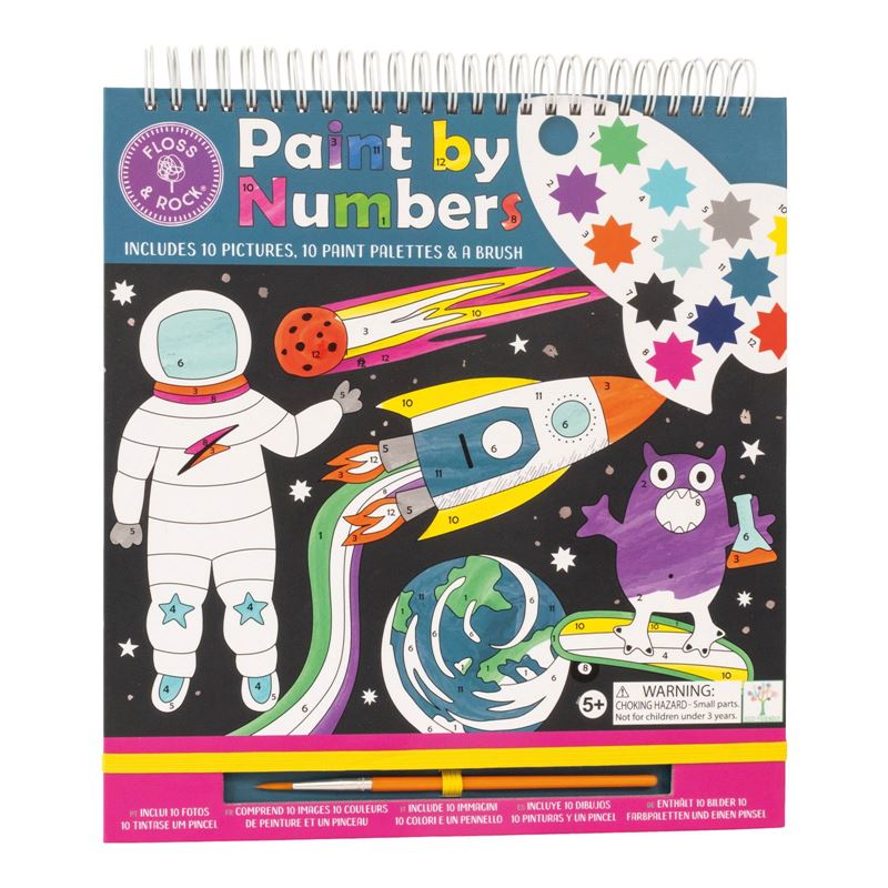 Paint by numbers kids book, spiral bound with hard cover. Comes with paint brush, 10 paint palettes and 10 fun space themed images for your budding artist to paint.
