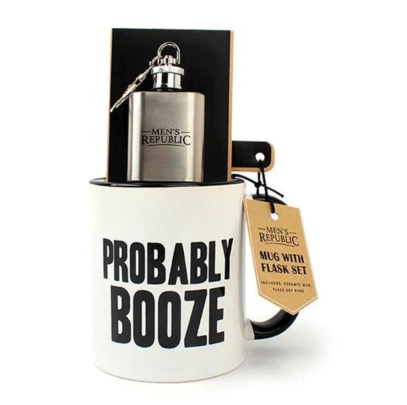 A white coffee mug featuring the words probably booze in black print and a mens republic branded mini flask.