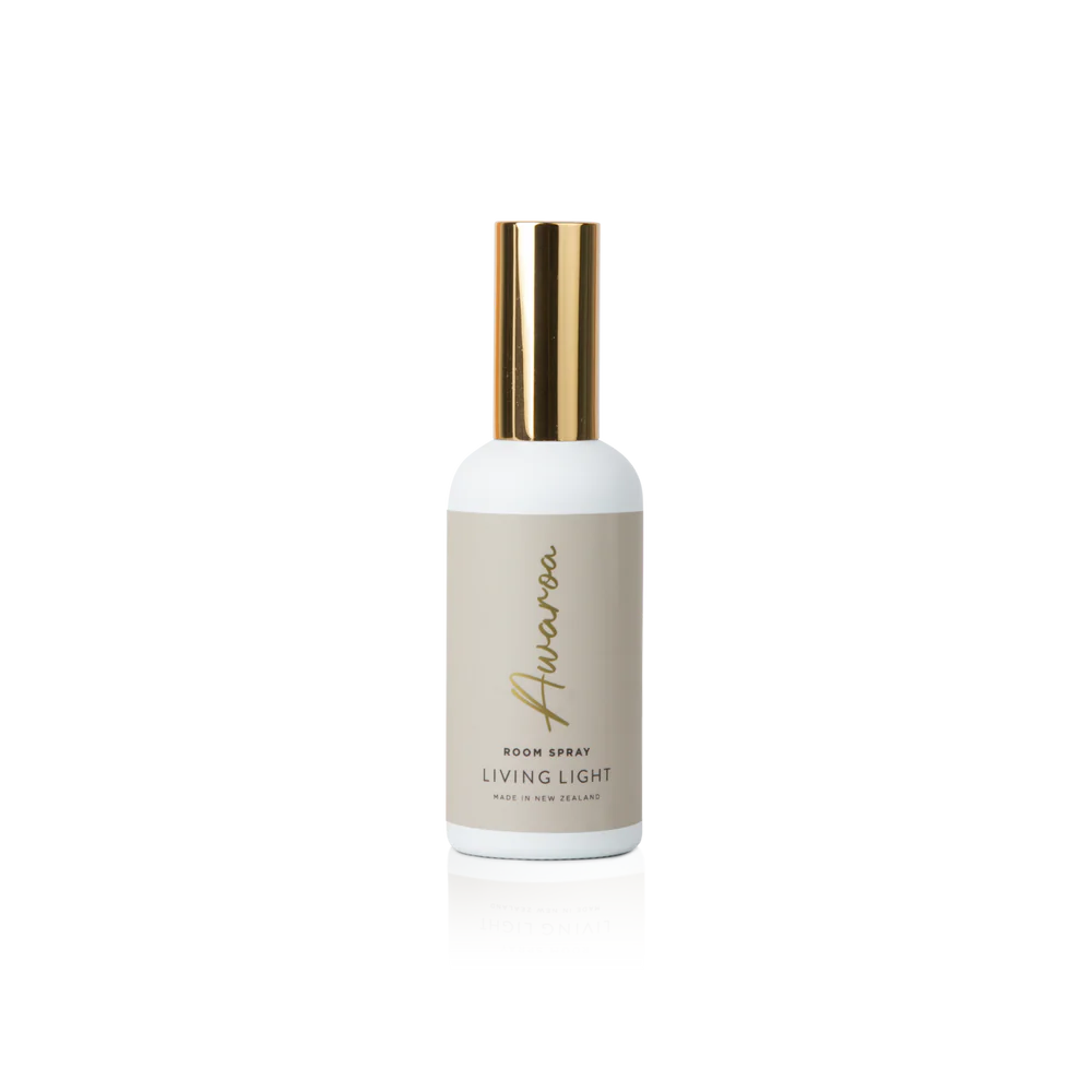 Awaroa oriental scented room spray fragrance, presented in a white glass bottle, with gold cap. Made in New Zealand by Living light.