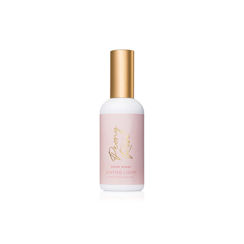 A peony rose scented room spray fragrance, presented in a white glass bottle, with gold cap. Made in New Zealand by Living light.