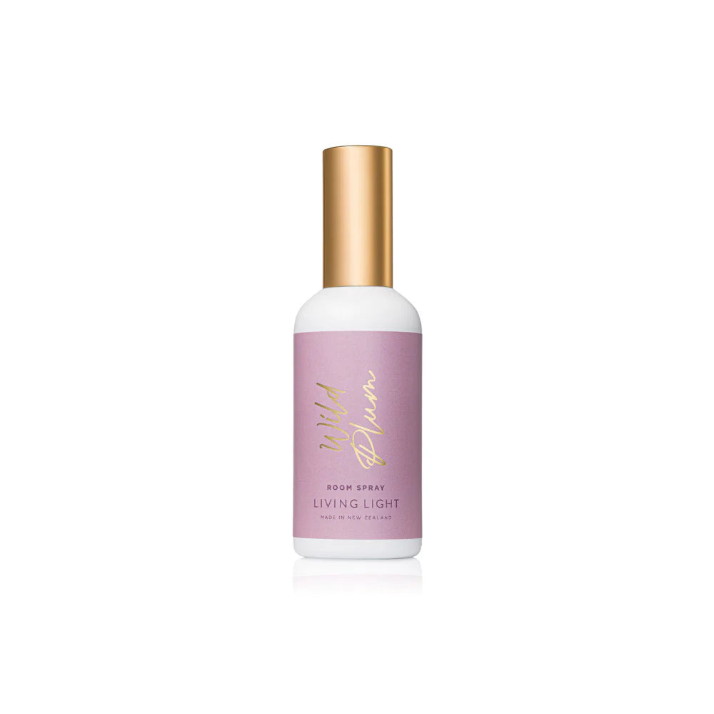 A wild plum scented room spray fragrance, presented in a white glass bottle, with gold cap. Made in New Zealand by Living light.
