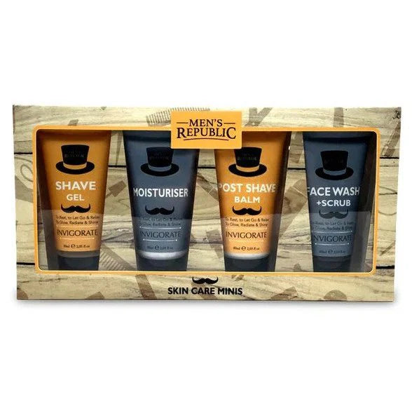 A gift set of skin care products for men, containing face wash scrub, shave gel, post shave balm and moisturiser. Made by Mens Republic.