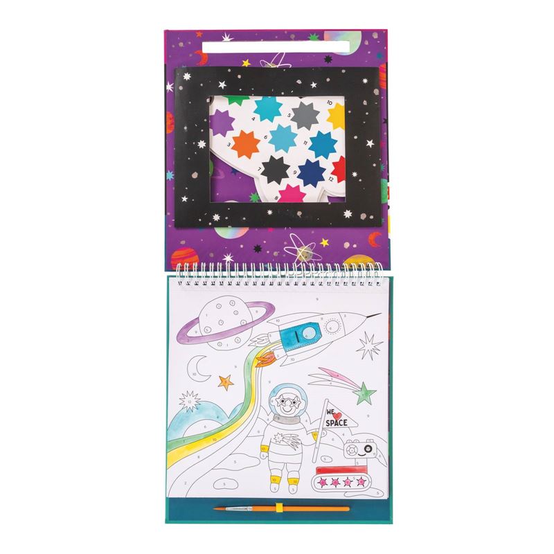 Paint by numbers kids book, spiral bound with hard cover. Comes with paint brush, 10 paint palettes and 10 fun space themed images for your budding artist to paint.