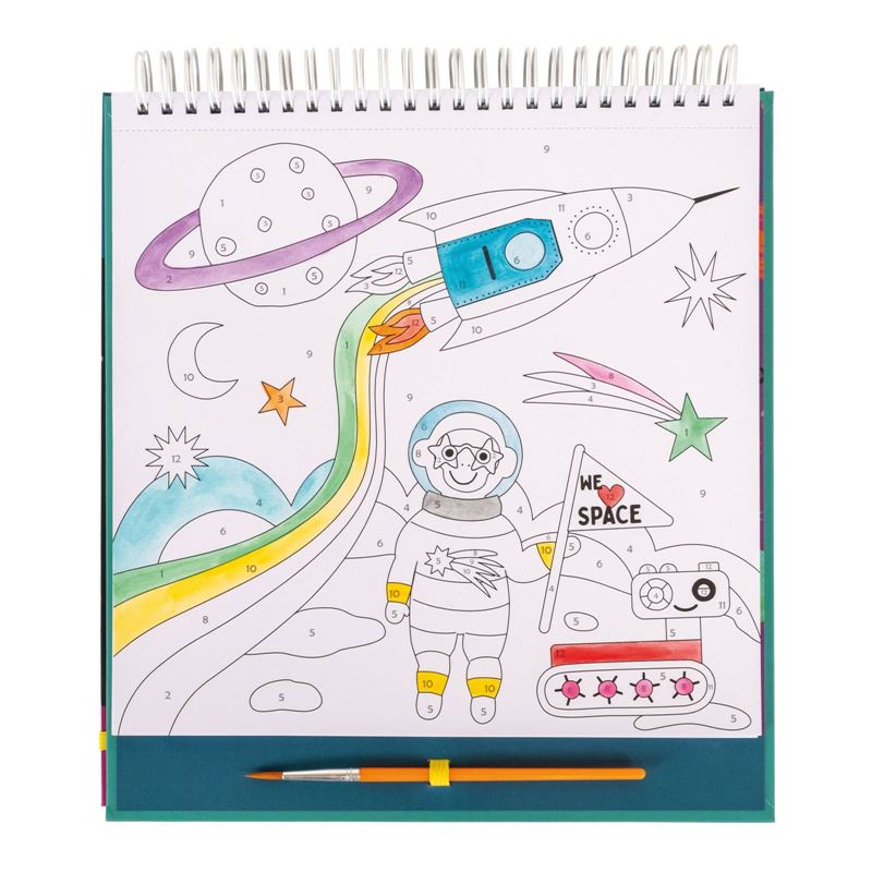 Paint by numbers kids book, spiral bound with hard cover. Comes with paint brush, 10 paint palettes and 10 fun space themed images for your budding artist to paint.